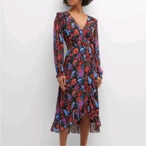 PAIGE Womens Paulette Dress Small Floral Wrap Long Sleeve Silk Sheer Ruffle